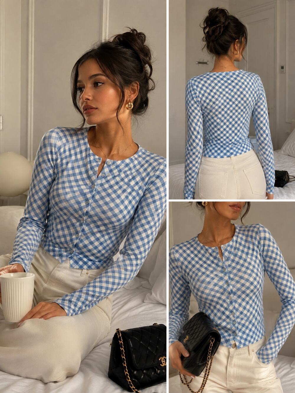 Sweet Lilac Blue White Gingham Mesh Cardigan Top Y2K Coquette Size Medium